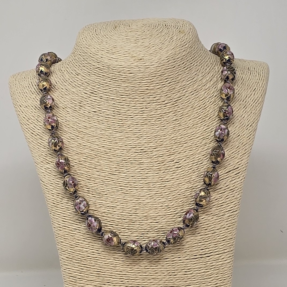 Vintage pink gold floral enamel Cloisonne oval glass bead necklace hand knotted